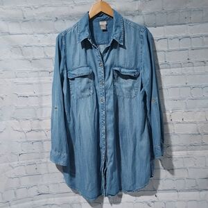 Chicos Womens Size 2 (12/14) Tencel Tunic Top Roll Tab Sleeves Essential Minimal